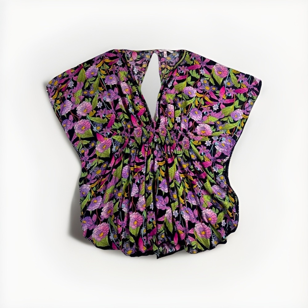 Victoria's Secret Floral Kaftan Top Smocked Waist Pom Pom Trim Black Pink M/M